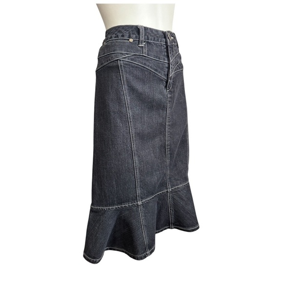 Vintage 1980 MOTTO black denim midi skirt trumpet flounce fit-n-flare women’s 12 - Picture 4 of 15